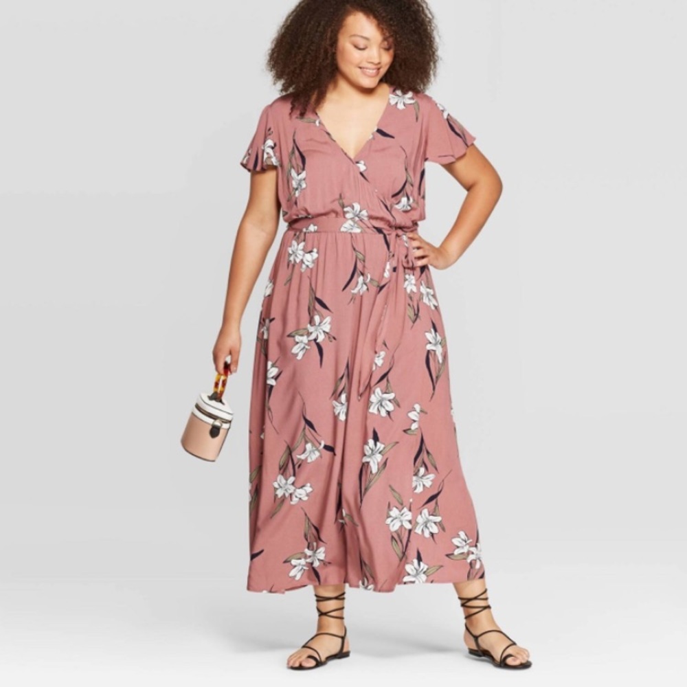 Floral Print Short Sleeve V-Neck Maxi Wrap Dress